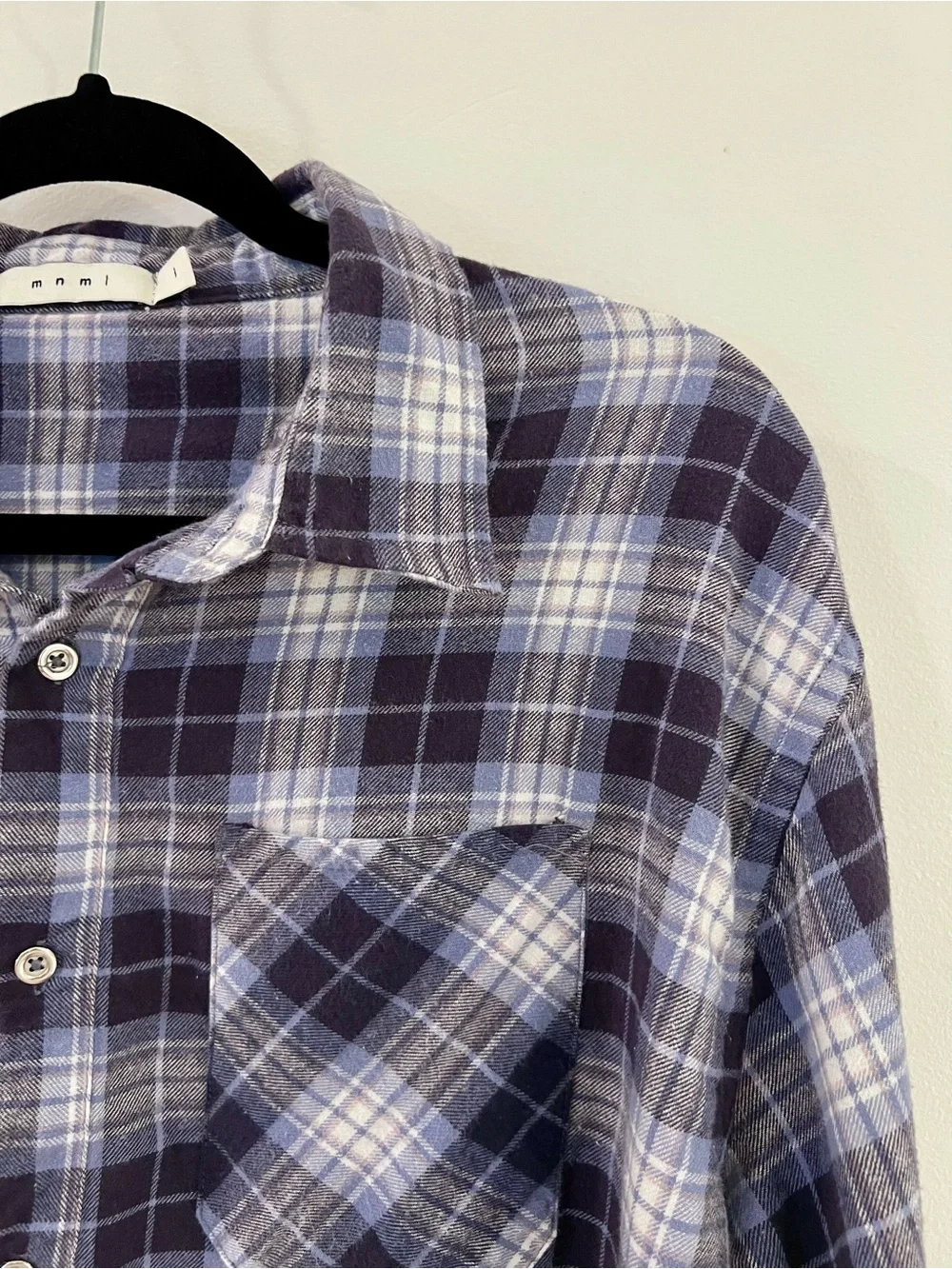 MNML flannel shirt — blue/black/white plaid, size L, 100% cotton Chrome Buttons